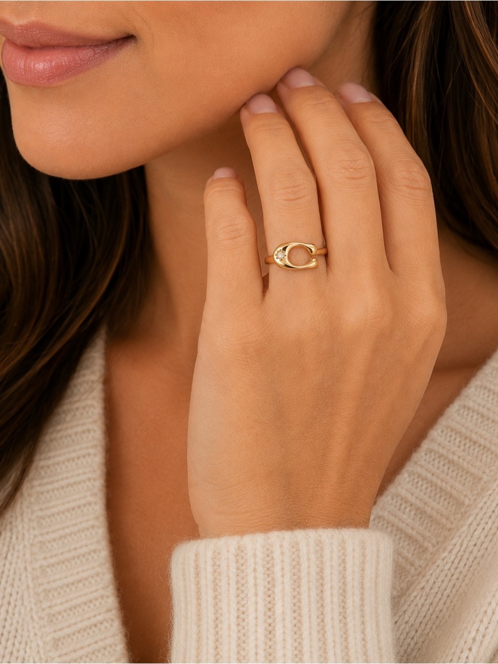 Coach Gold Tone Crystal Open Wrap Ring Adjustable Size 6-8 #62